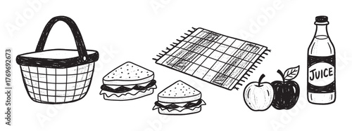 Hand-drawn illustration of a picnic setup featuring a basket, two sandwiches, a checkered blanket, an apple, a pear, and a bottle labeled juice.