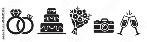 Black outline icons of wedding elements including diamond rings, a tiered cake, a floral bouquet, a camera, and clinking champagne glasses.