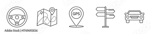 Black outline vector icons depicting a steering wheel, a map with route, a gps marker, a direction signpost, and a sedan car.