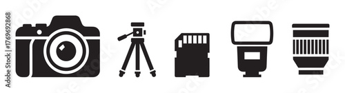 Black silhouette icons of a camera, tripod, memory card, flash, and camera lens, representing essential photography equipment.