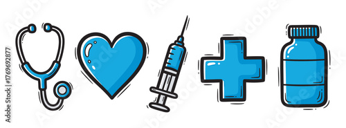 Medical-themed icons in blue and black including a stethoscope, heart, syringe, cross, and pill bottle.