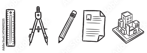 Black outline icons of a ruler, a compass, a pencil, a piece of paper, and a group of buildings, representing various study and design tools.