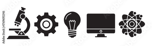 Black silhouette icons including a microscope, gear, light bulb, computer monitor, and atomic symbol, representing science and technology concepts.