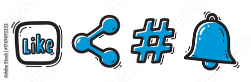 Stylized blue and black icons featuring a "like" button, a share symbol, a hashtag, and a notification bell, each with a playful hand-drawn design.