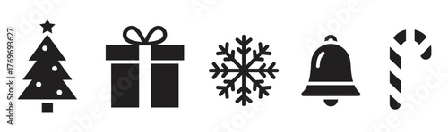 Black silhouette icons of a christmas tree, gift box, snowflake, bell, and candy cane arranged in a row.