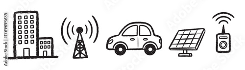 Hand-drawn icons depict a city building, a communication tower, a car, a solar panel, and a radio device, illustrating urban and energy concepts.