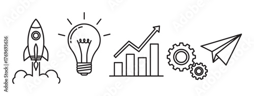 Black outline icons of a rocket launching, a glowing lightbulb, a bar graph with an upward arrow, gears, and a paper airplane symbolizing innovation and growth.