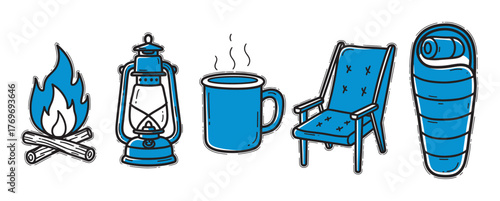 Illustrated collection of camping essentials, featuring a campfire, lantern, steaming mug, folding chair, and rolled sleeping bag with blue accents.