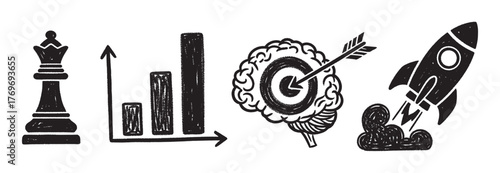 Black and white icons depicting a chess queen, a rising bar graph, a brain with a target and arrow, and a launching rocket, symbolizing strategy and success.