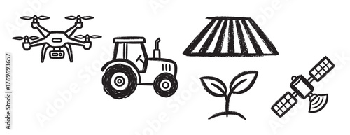 Hand-drawn icons depicting a drone, tractor, solar panel, plant sprout, and satellite to illustrate modern agriculture technology.
