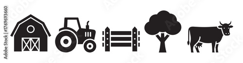 Black silhouette icons of a barn, tractor, fence, tree, and cow, representing various aspects of farm life.