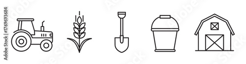 Black outline vector icons depicting a tractor, wheat stalk, shovel, silo, and barn, representing agricultural equipment and farm elements.