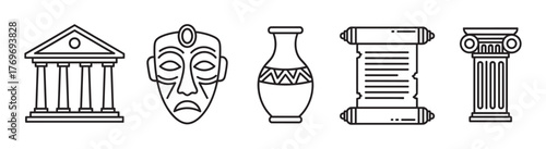 Black outline icons depicting a greek temple, african mask, decorative vase, ancient scroll, and classic column, illustrating art and cultural heritage.
