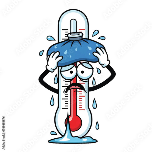 Overheated Thermometer with Ice Pack Symbol of Extreme Heat and Discomfort