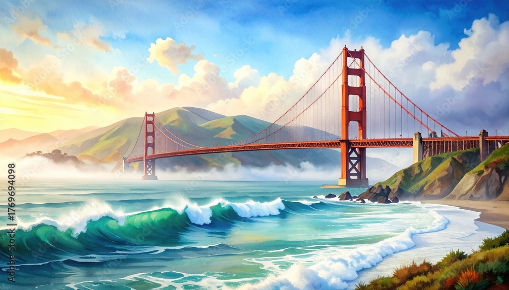 Fototapeta premium The iconic red suspension bridge stretching over the ocean with waves below and hills in the background, symbolizing connection, progress, and human engineering