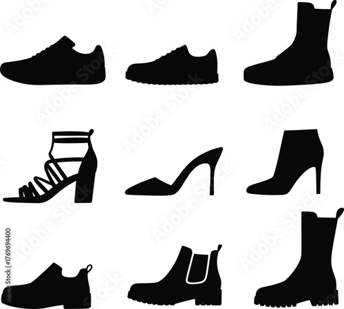 Footwear silhouette collection, shoe and boot icons, fashion design set, black vector styles, casual, formal, rugged, elegant shoes