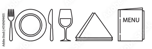 Black outline illustrations of a plate with cutlery, a wine glass, folded napkin, and a menu, depicting dining essentials.