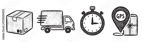 Hand-drawn black outline icons of a cardboard box, fast delivery truck, stopwatch, and gps location marker indicating shipping and logistics concepts.