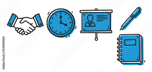 Hand-drawn blue and black icon set featuring a handshake, clock, presentation board, pen, and notebook, symbolizing business, time management, and organization.