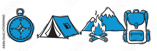 Blue and black outlined icons including a compass, a triangular camping tent, snowy mountains with a campfire, and a backpack on a white background.