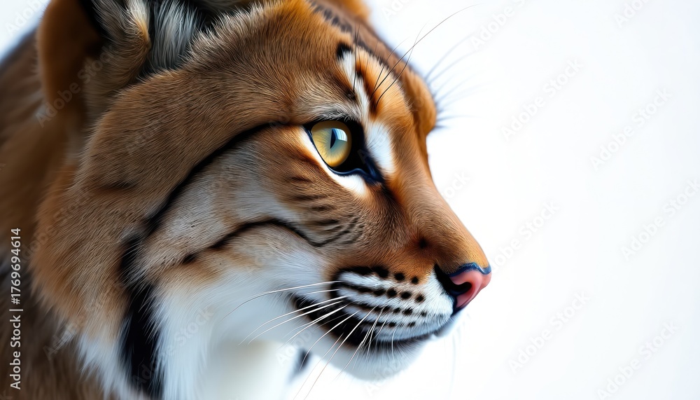 Obraz premium Wild lynx head portrait in profile view. Beautiful big cat looking aside. Closeup of feline face with yellow eyes, soft ginger fur, long whiskers. Majestic animal from wild nature isolated on white