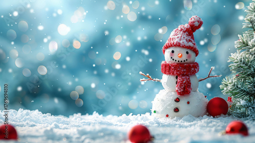 Happy cheerful snowman in red hat and scarf in fabulous snowy Christmas forest. Mockup for winter holiday designs, greeting cards. Copy space.