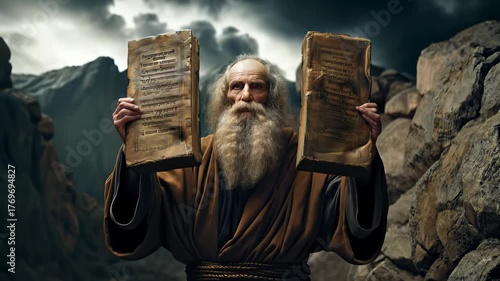 Moses commandment vision: mount sinai scene shows divine law, stone tablet gift, sacred covenant, biblical truth, spiritual foundation, faithful life, holy decree, religious symbol, eternal guide,