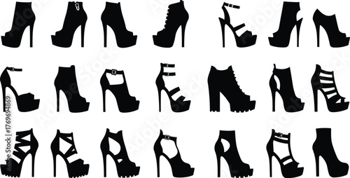 High heel shoe silhouette set, fashion footwear icons, stiletto, platform, boot, sandal, black vector, white background, style design