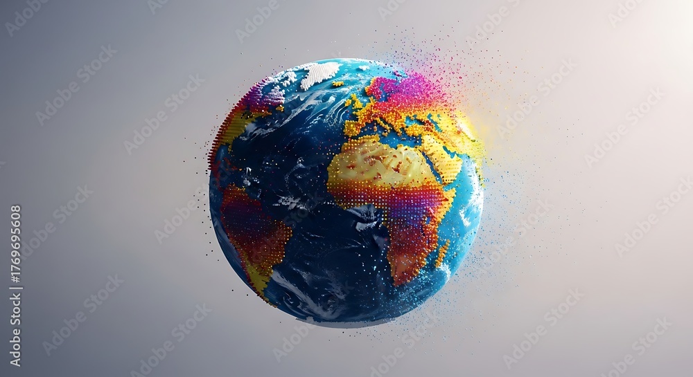 Fototapeta premium Vibrant earth globe disintegrating into colorful particles, representing environmental concerns, global issues, and the interconnectedness of life