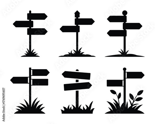 A versatile set of six black silhouette signposts for direction and choice