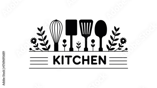 A silhouette of kitchen utensils and decorative elements with the word KITCHEN.
