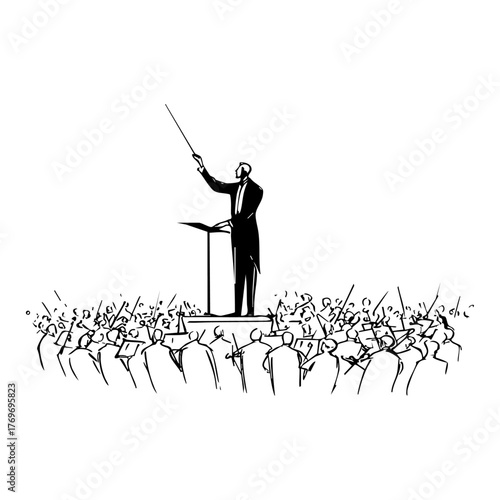 Conductor leading a full orchestra on stage, representing harmony, leadership, and artistic direction in classical music.