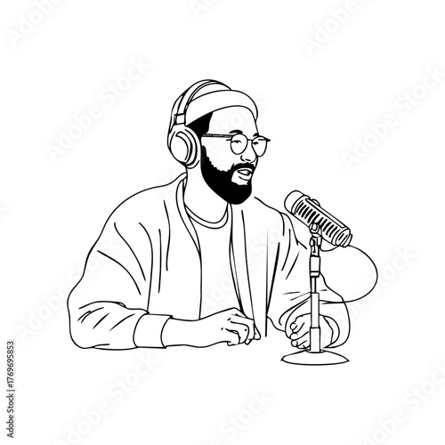 Podcast host speaking into a microphone with headphones, symbolizing modern communication, broadcasting, and creative media work.