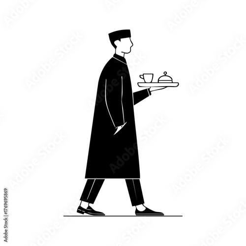 Hotel room service attendant carrying a tray with breakfast items, representing hospitality, service excellence, and guest care.