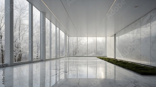 Interior minimalista de mármol blanco con luz natural y detalle de jardín lineal