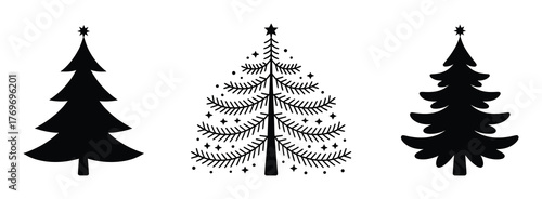 Three distinct vector christmas tree designs displayed in silhouette form