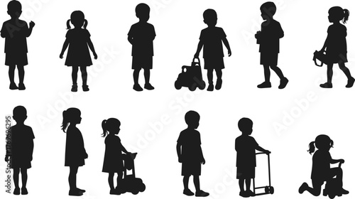 Children silhouettes playing with toys, outdoor fun, early childhood activity, kids imagination, learning through play, teamwork, joy, growth, friendship, happiness.