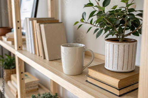 Calm minimalist home office shelf decor mug ceramic mug indoor plant potted plant books wooden shelf neutral color natural light Scandinavian style cozy vibe. Calm minimalist home office shelf