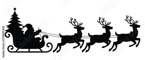 Santa sleigh with Christmas tree and reindeer festive vector illustration