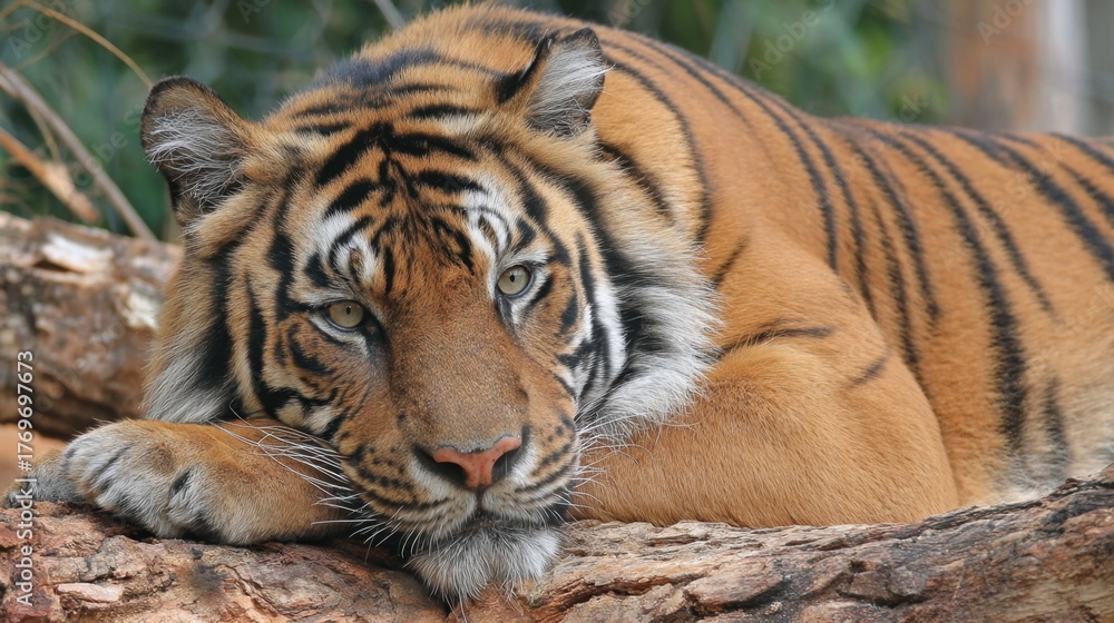 Obraz premium A beautiful tiger rests on a log its vivid stripes contrasting with green foliage surrounding it.