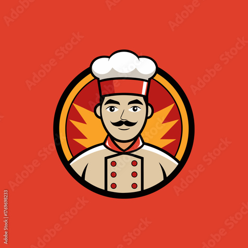 Cartoon chef character with mustache and tall white hat in a circular emblem