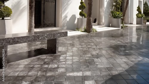 Exterior view showcases modern architecture with stone bench reflecting wet pavement