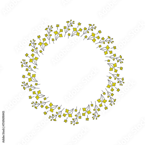 Cute round frame with doodle canola rapeseed floral twigs isolated on white background.