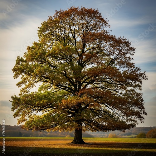 Majestic large oak tree with full canopy of green and brown leaves in a wide open field under a cloudy sky