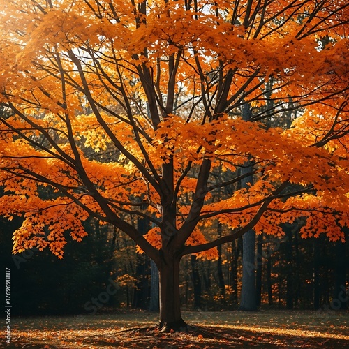 Vibrant orange and yellow autumn leaves on a large deciduous tree in warm sunlight