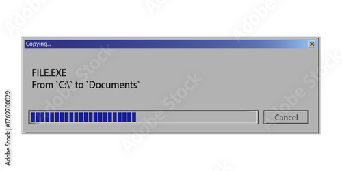 Copying file window. Digital progress bar. Software transfer process. Retro computer interface.