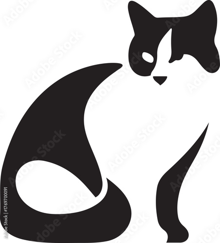Sitting cat silhouette with distinct markings, Black and white feline illustration vector