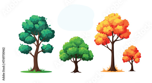 Set of diverse cartoon trees with vibrant green and autumnal leaves, illustrating seasonal changes in a cheerful, whimsical art style.