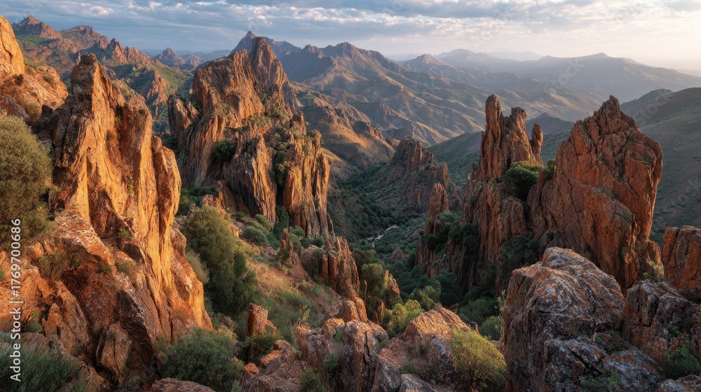 Naklejka premium Warm sunlight illuminates jagged rock formations and lush greenery in a tranquil valley scene.