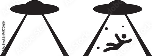 Two ufos one abducting a person in a stark black silhouette